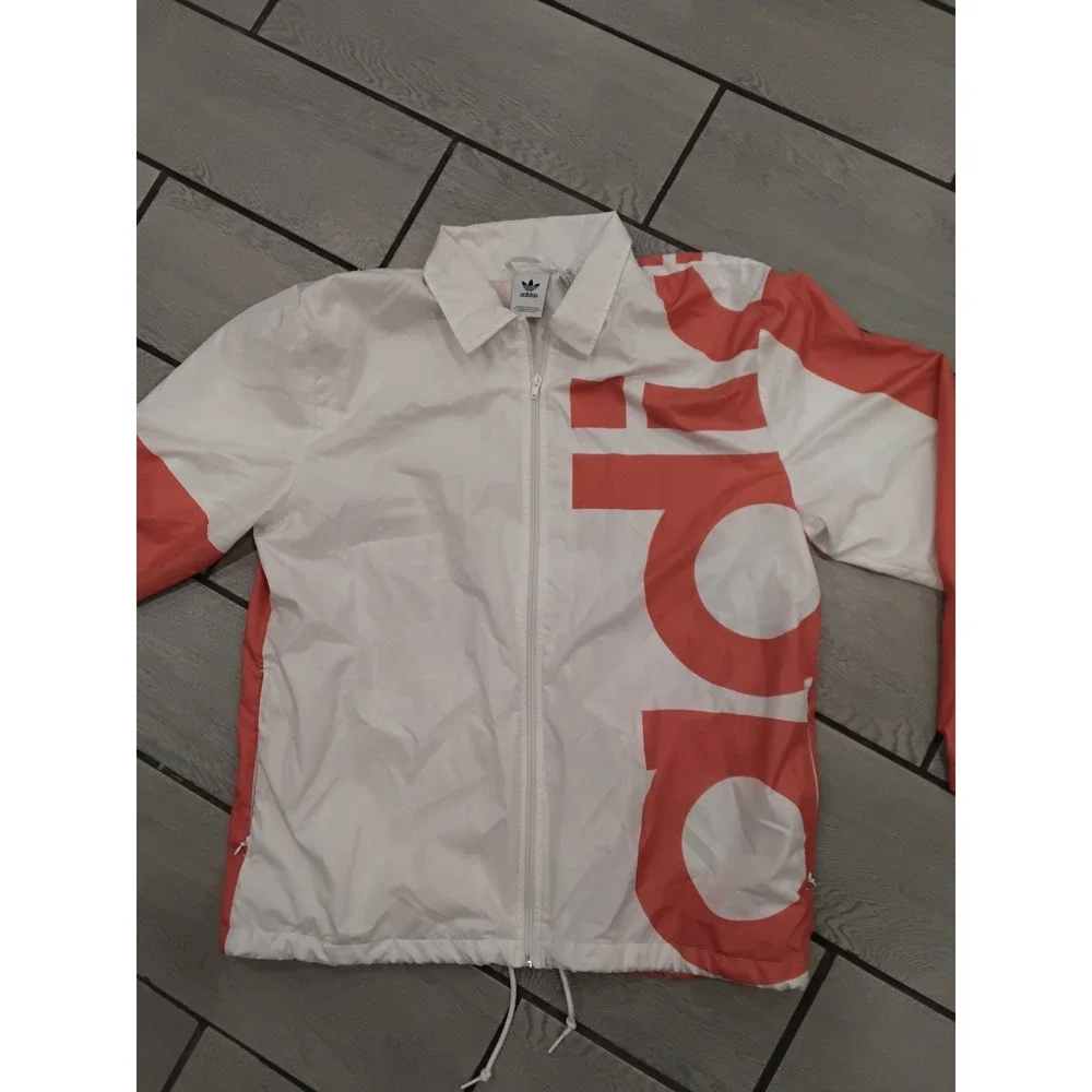 Adidas Originals Mens Large White Coral Pink Graphic Full Zip Windbreaker Jacket
